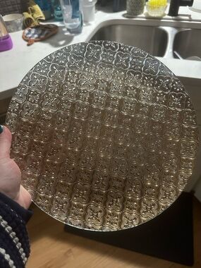 Georges Briard embossed glass serving plate with gold accents.